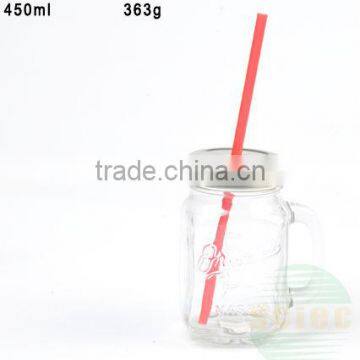 Glass Mason Jar with Metal Lid and Straw