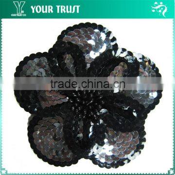 Clear Rhinestone Black Flat Sequin Black Bead Flower Applique Patches
