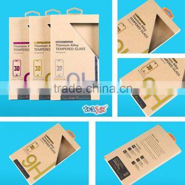 2016 Customized brown kraft paper box for tempered screen protector with silver stamping and plastic hanger