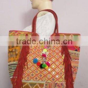 RTHHB-41 indian handmade pure leather fringe shoulder bag tote shopping bags traditional embroidery Manufacturers