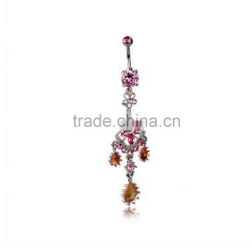 Multi Pink Gems Inlay Charms Roung With Champagne Color CZ Drops Dangle Belly Button Naval Ring.