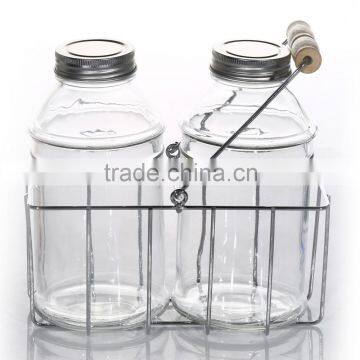 950ml Set 2 Cylinder Glass Milk Bottles With Black Iron Basket