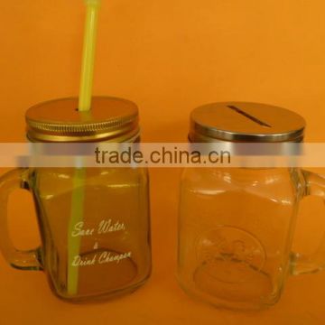 glass mason jar with handle and straw