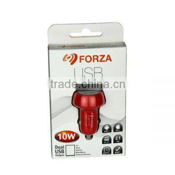 FORZA 5.0V/2.1A Dual USB Car Charger with clamshell packaging