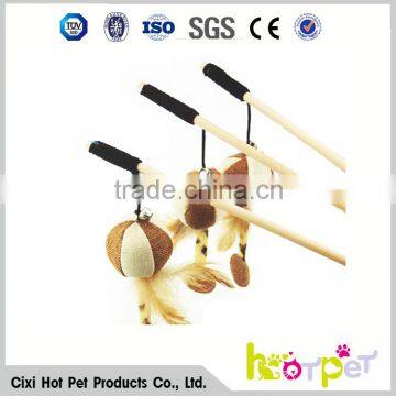 2016 hot wooden rod cat toys cat plush teasers stick cat toy with feather