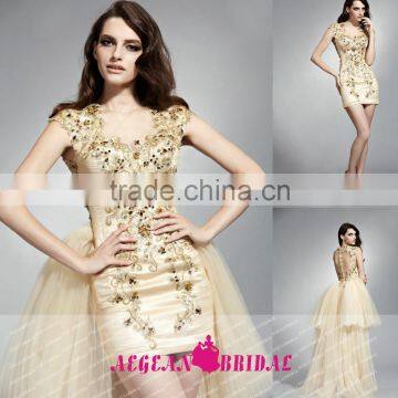 HT76 Hot Sale Sexy O Neck Cap Sleeve Gold Prom Girls Party Dress Short Front Long Back Beaded Vestidos De Festa Curto