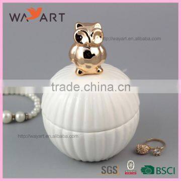 Unique White Round Shaped Ceramic Jewel Box With Owl