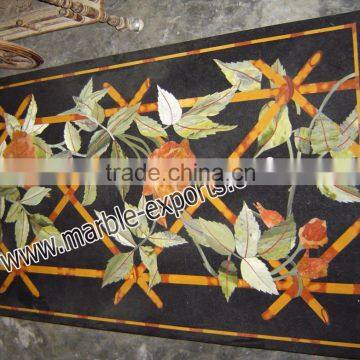 Black Rectangle Marble Inlay Table Top, Marble inlay Center Tables, Rose Flower deigns inlaid Table top