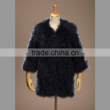 Soft simple elegant dark blue turkey fur coat