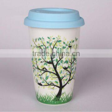 popular double wall ceramic coffee mug with silicon lid