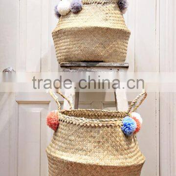 Seagrass Baskets With Colorful Pompoms/ Foldable Seagrass Storage Baskets photo-3