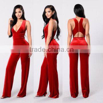 Women Sleeveless Jumpsuit Deep V Neckline Open Lower Back Cutout Wide Leg One Piece Sexy Adult Ladies Jumpsuit