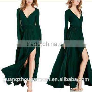 2015 Fashion Custom design elegant Hot Sale dark green Deep V-neck Split Long Sleeve Maxi Dress with full floor length