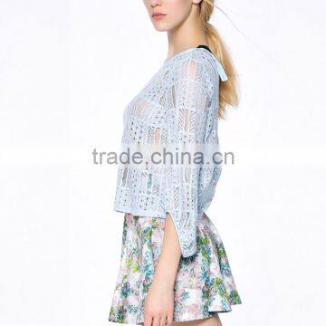 Fashion Latest Trendy High Fashion Crochet Fabric Women Transparent Blouse With Half Sleeve photo-4