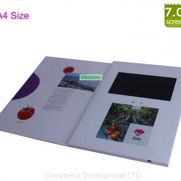 Hot selling A4 size video booklet card, top grade video brochure 7 inch lcd with rechargeable lithium battery