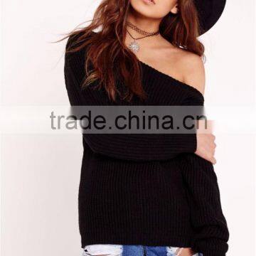 MGOO Plain Black Off Shoulder Knitted Jumper Oversized Long Sleeve Knitwear Loose Sweater With Own Label photo-3