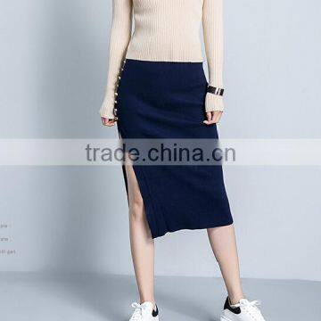 2017 sexy side slits penci skirt buttoned ladies knitted skirt