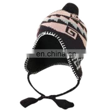 Custom kids jacquard earflap knitting winter hat with top ball