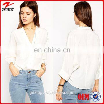 2014 Fashion White Long Sleeve Ladies Blouse New Design