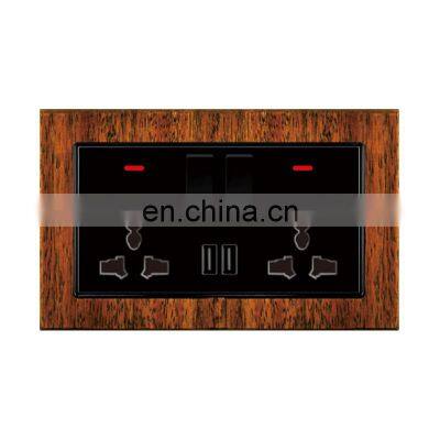 Universal Double 3 Pin POP Wall Socket With Switch Thick Solid Wood Panel With USB Socket And Switches Electrical With LED Light