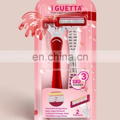 IGUETTA Triple Blades Red Women Razor Blade Hair Remover Plastic Rubber Handle Safe Steel Blades Aloe Lubricant Strip GF2-2001 photo-4