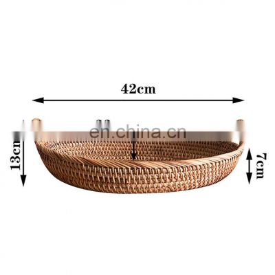 High Quality Rustic Woven Ottoman Rattan Trays for Coffee Table, Fruits Tray, Oval Serving Tray with Handles