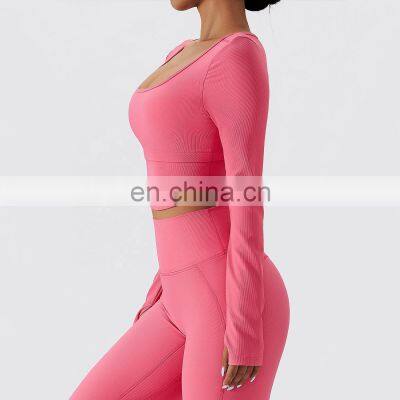 Ribbed 2 In 1 Piece Long Sleeve Yoga Crop Tops Wholesale Womens Square Neck Sports Bras