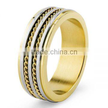 Men's Two-Tone Stainless Steel Grooved and Double Twisted Rope Inlay Band Ring