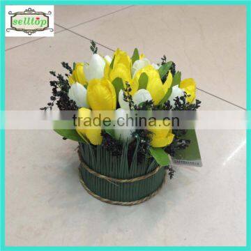 High quality 18cm 17heads silk tulip plant bonsai with bamboo pot