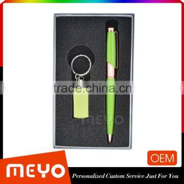 Custom Logo Printing Green Design 32GB USB Flash Device And Green Pen Set