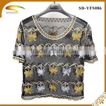 Fashion high quality semi sexy short sleeve embroidery floral Lace crochet blouse