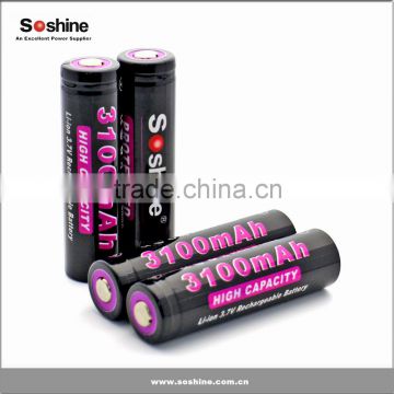 2015 Soshine Rechargeable 3.7v 3100mah 18650 li-ion battery China supplier li-ion 18650 battery protection