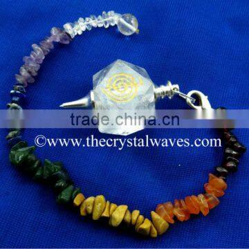 Crystal Quartz Cho Ku Rei Engraved Hexagonal Pendulum With Chakra Chips Chain