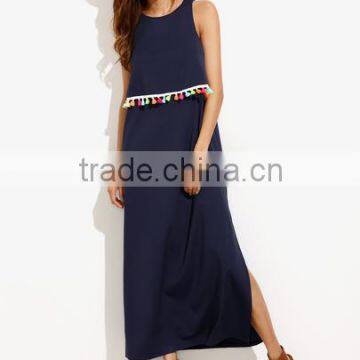 Dresses latest women girl design fashion photos Navy Tassel Trim Sleeveless Split Side Dress