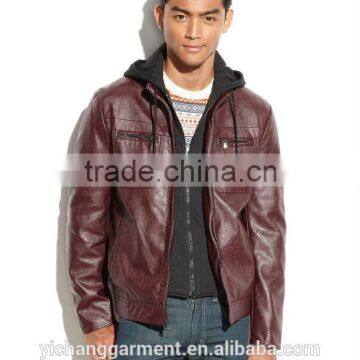 Men's hooded knit-bib faux leather jacket