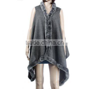 New Production cashmere cape with fur trim rabbit fur trim fur shawl KZ150097