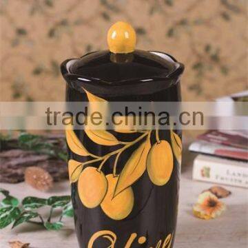 Factory Direct Black Ceramic Food Storage Jar with Yellow Olive Handpaint