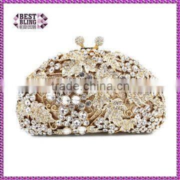 China suppliers fashion beauty gold color leaves purse luxury big diamond crystal party clutch bag