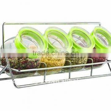 SINOGLASS 4 pcs Round Glass Spice canister jar Rack Set