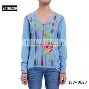 V-Neck Intarsia Wool Cashmere Blended Knitwear, Ladies Goutam Blue Knitwear