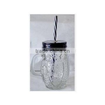 Clear Mason Jar Mug With Handle and Straw Lid Embossed Round Glass Bottle