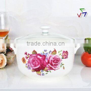 8"Porcelain microwave oven round pot with glass lid