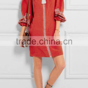Cool Bohemian Embroidered Slub Crepe Linen Mini Dress Hand Flora Embroidery Designs 2016 HSD5750 photo-2