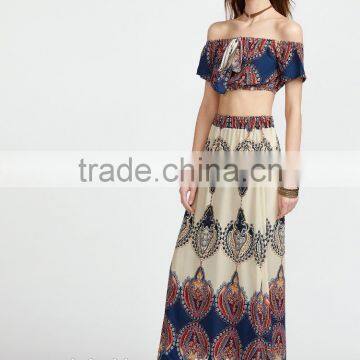Vintage Print off the Shoulder Crop Top With Skirt Boho Clothing Top and Long Skirt Set photo-5