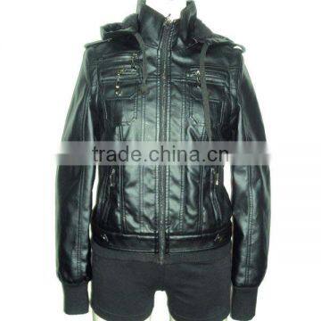 Detachable hood PU leather women clothes