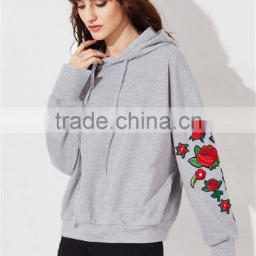 MGOO Custom Design Lightweight Drop Shoulder Heather Grey Embroidered Rose Applique Dolman Sleeve Hoodie photo-6