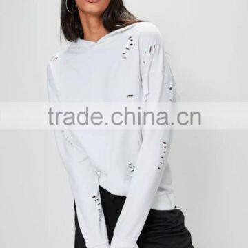 White Distressed Oversized Hoodie Cut Hole Custom 100% Cotton Frech Terry Drop Shoulder Ripped With Hooded photo-2