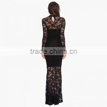 MGOO Fast Selling 2015 OEM/ODM Hollow Out Lace Dress Black Sheath Maxi Dress Long Sleeve Prom Dress D662 photo-4