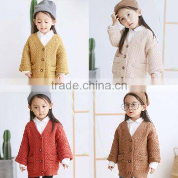 2-7 years 2017 New Wholesale Cotton Full Sleeves Knitting Solid Sweater Long Kids Girls Coats (pick size color )