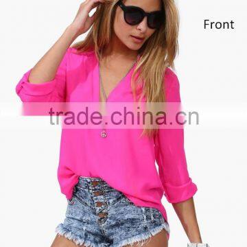 Customized New Fashion Cheap Long Sleeved Chiffon Blouse Women's Loose Casual Sexy Chiffon V-Neck Blouse Shirts photo-5
